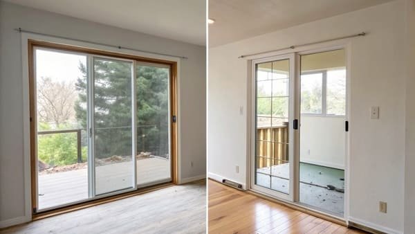A person measuring an old sliding glass door for replacement