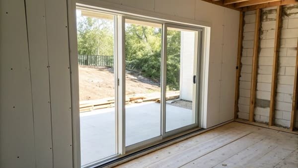 A contractor replacing the rollers on an old sliding glass door
