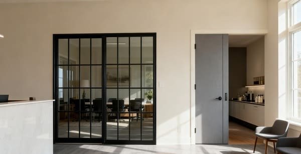 A side-by-side comparison of a sliding door and a normal hinged door