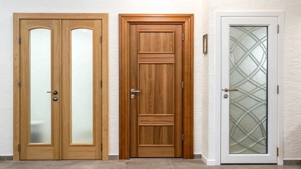 A display showing sliding door panels made of different materials like wood, glass, and MDF