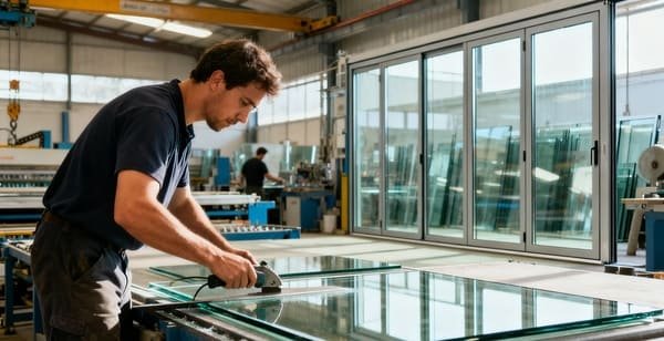 Illustration of a green factory with leaves and recycling symbols