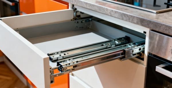 An illustration showing side-mount, undermount, and center-mount drawer slide positions