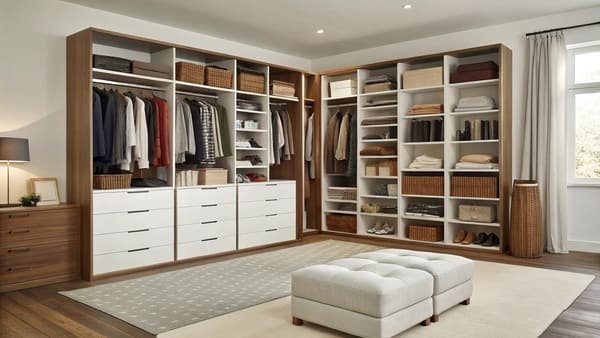 A well-organized closet with shelves, drawers, and hanging rods