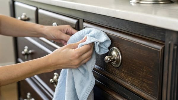 A hand gently wiping a brass cabinet knob with a soft white cloth.