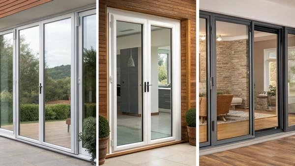 A collection of different sliding door types in various settings