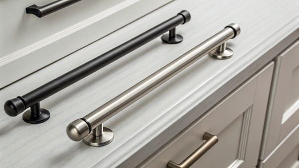 A mood board showing stainless steel handles with matching hardware finishes like matte black and brushed nickel