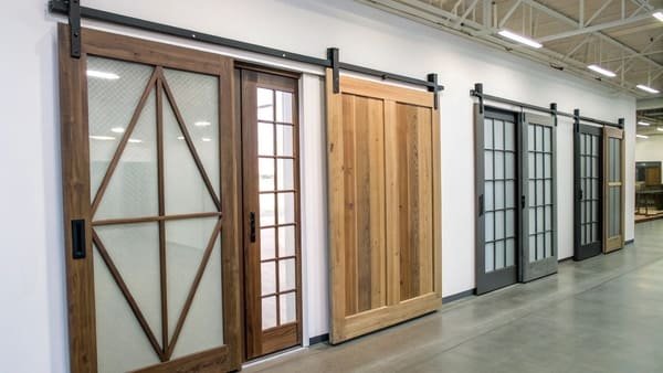 An assortment of different sliding door hardware systems on display