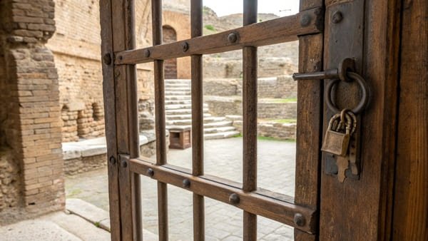 Ancient Door & Window Hardware An ancient Roman-style metal key and lock.
