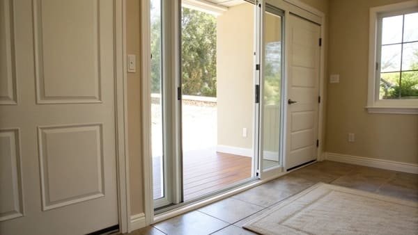 An installer fitting a large sliding glass door into a frame