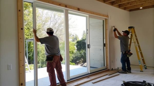 A contractor installing a sliding glass door frame