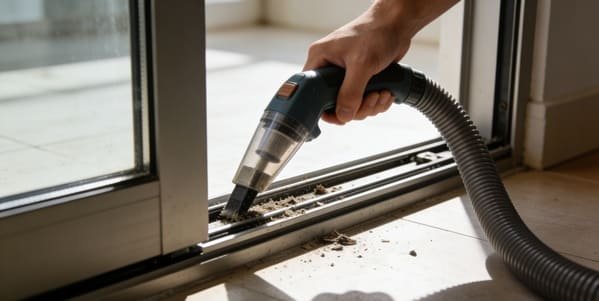 A close-up of a person cleaning a sliding door track with a brush
