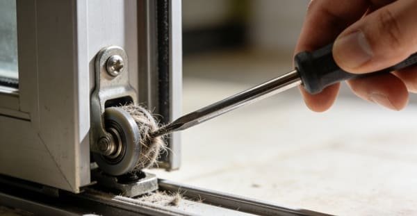 Close-up of sliding door rollers being cleaned and lubricated