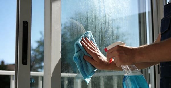 A person wiping a large glass sliding door with a microfiber cloth
