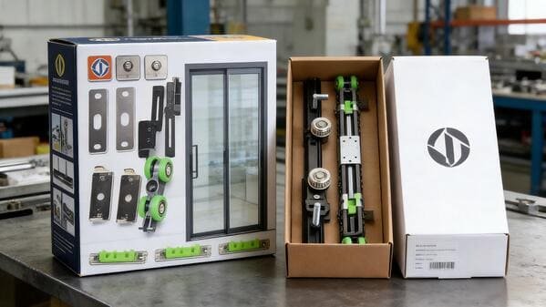 Side-by-side comparison of a full-color box and a simple printed carton for sliding door wheels.