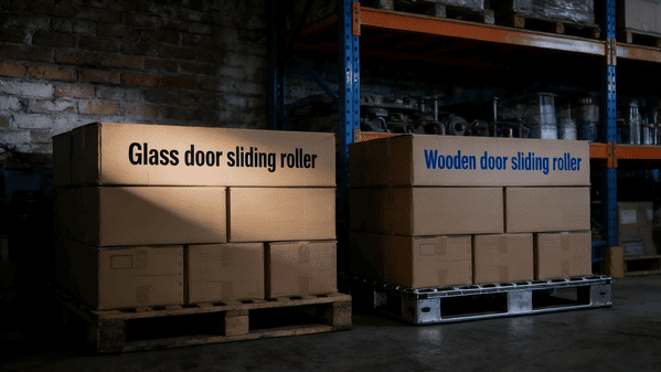 An assortment of different sliding door hardware parts laid out together.