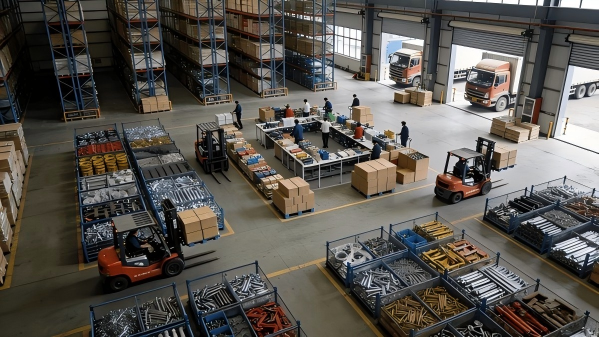 A warehouse in China showing various hardware products being consolidated into one shipment
