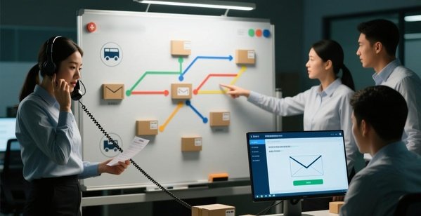 A person on the phone coordinating with multiple icons representing different Chinese factories.