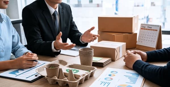 A clock and a stack of coins next to packaging boxes