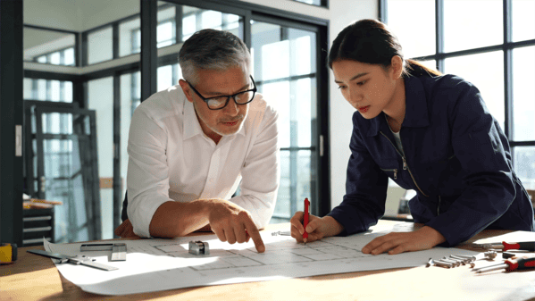 A designer and engineer discussing blueprints for custom sliding door hardware.