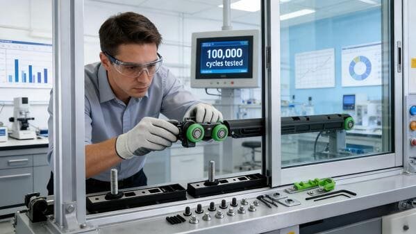 An engineer inspecting a sliding door roller in a lab