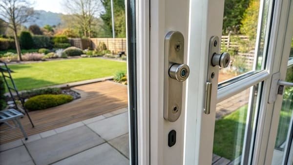 a patio door with a foot bolt installed at the bottom