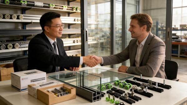 A handshake between a supplier and a buyer in a factory setting, with sliding door hardware in the background.