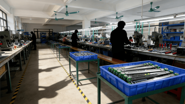A busy factory floor with sliding door hardware being assembled