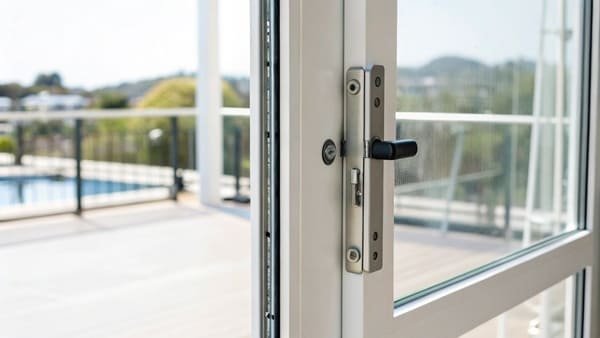 a sliding door reinforced with multiple security features like a new lock and security film