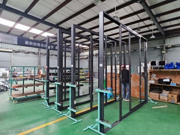 An installer measuring a sliding door rail for cutting