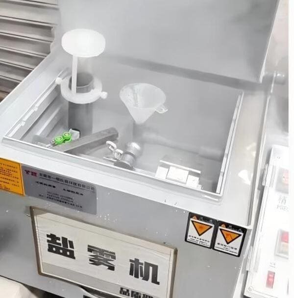 A salt spray test chamber for testing corrosion resistance of hardware
