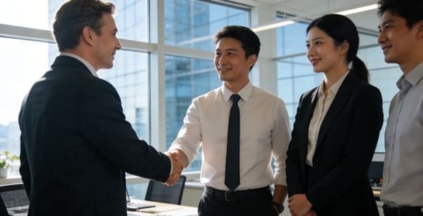 Two business professionals shaking hands over a signed contract
