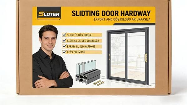 Sliding door hardware packaging box with product label and aluminum profile illustration