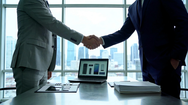 Two business people shaking hands over a table with product samples and documents.