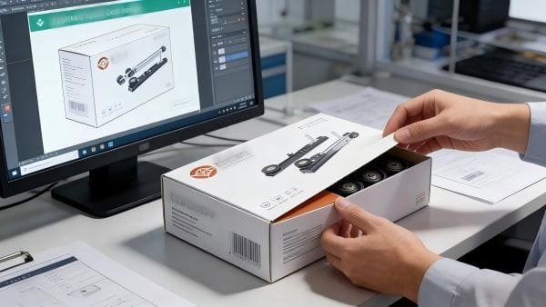 A physical sample of an OEM package next to a digital design on a screen