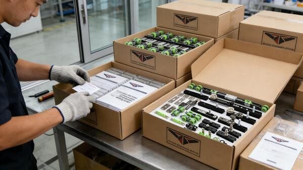 A plain cardboard box with a professionally designed custom sticker on it, next to a sliding door roller.