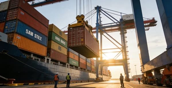 A shipping container being loaded efficiently with boxes of hardware.