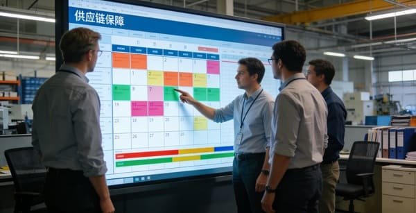 A factory manager pointing to a production schedule on a whiteboard