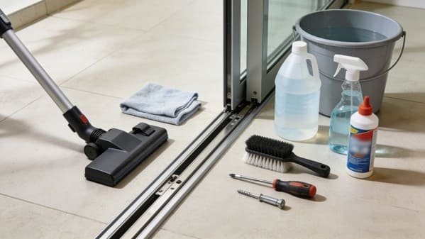 An array of cleaning supplies including a bucket, vinegar, brushes, and cloths