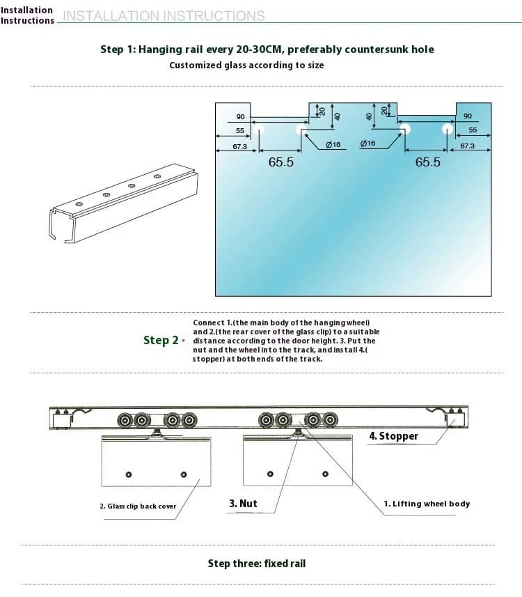 An open installation manual next to sliding door hardware components