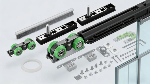 An exploded view of a sliding door roller system with some parts highlighted