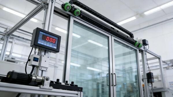 A machine performing a dynamic load test on a sliding door system