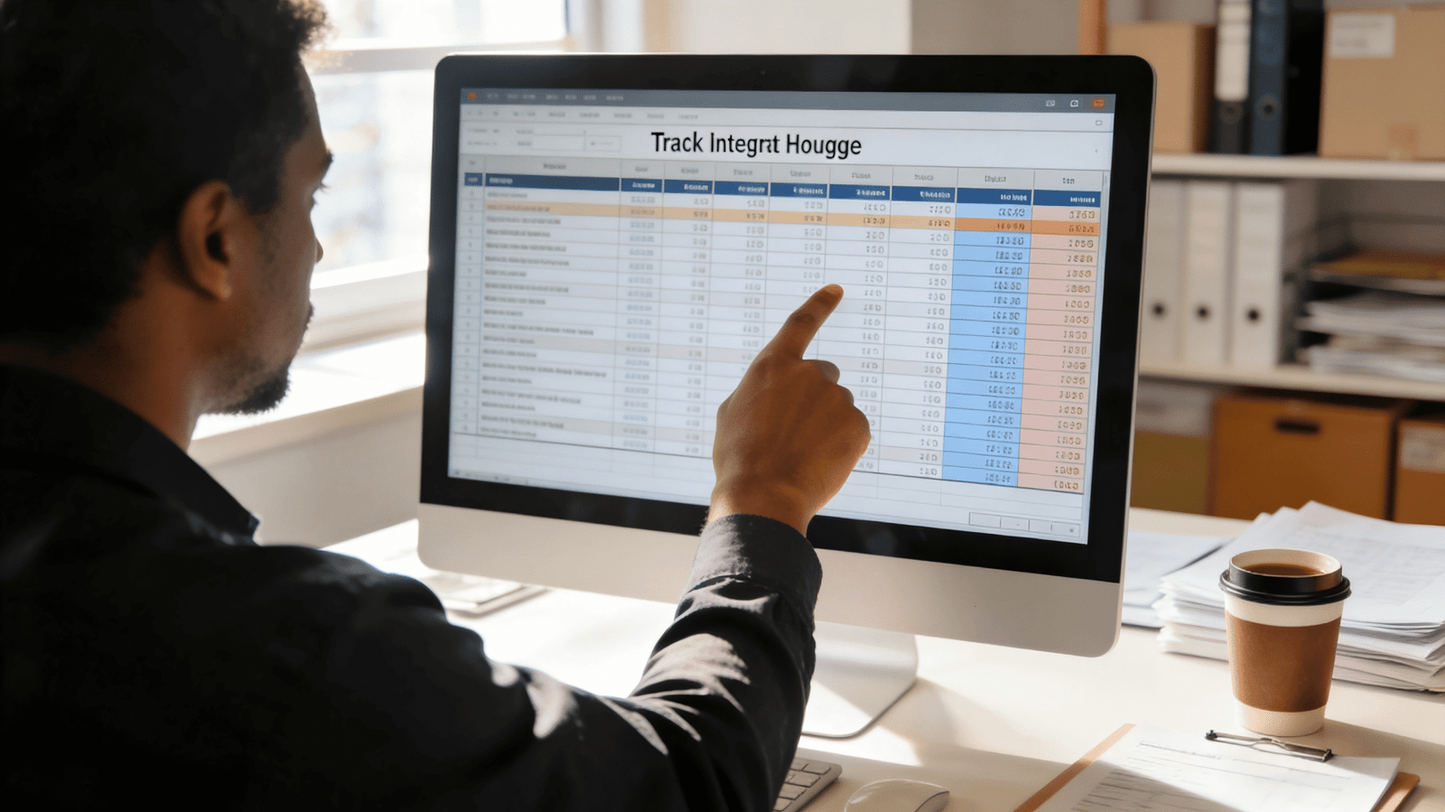 A person tracking a consolidated shipment on a computer screen with a master list