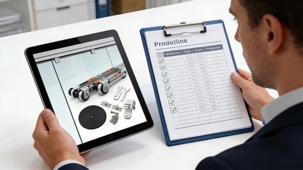 A person comparing a production photo on a tablet to a schedule on a clipboard