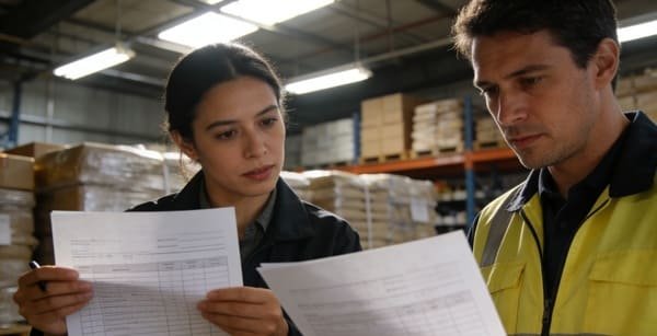 A person with a clipboard checking components against a list in a warehouse