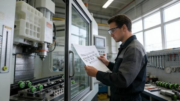 An engineer examining a technical drawing for a sliding door roller.