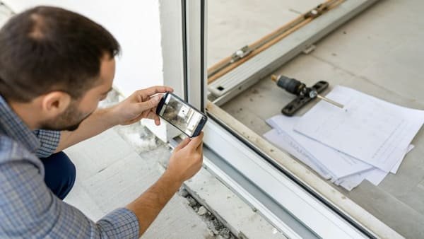 A person taking a photo of a faulty sliding door roller with a smartphone to make a warranty claim