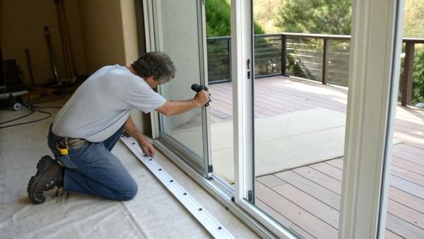 Two people carefully lifting a sliding glass door off its track