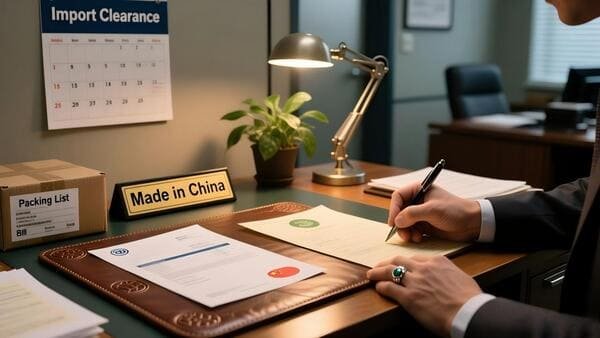 A hand holding a Certificate of Origin document with an official stamp.